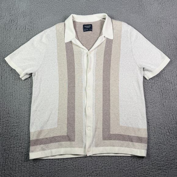 Abercrombie & Fitch Shirt Mens L Beige Sweater Polo Button Collared Striped - Picture 2 of 9